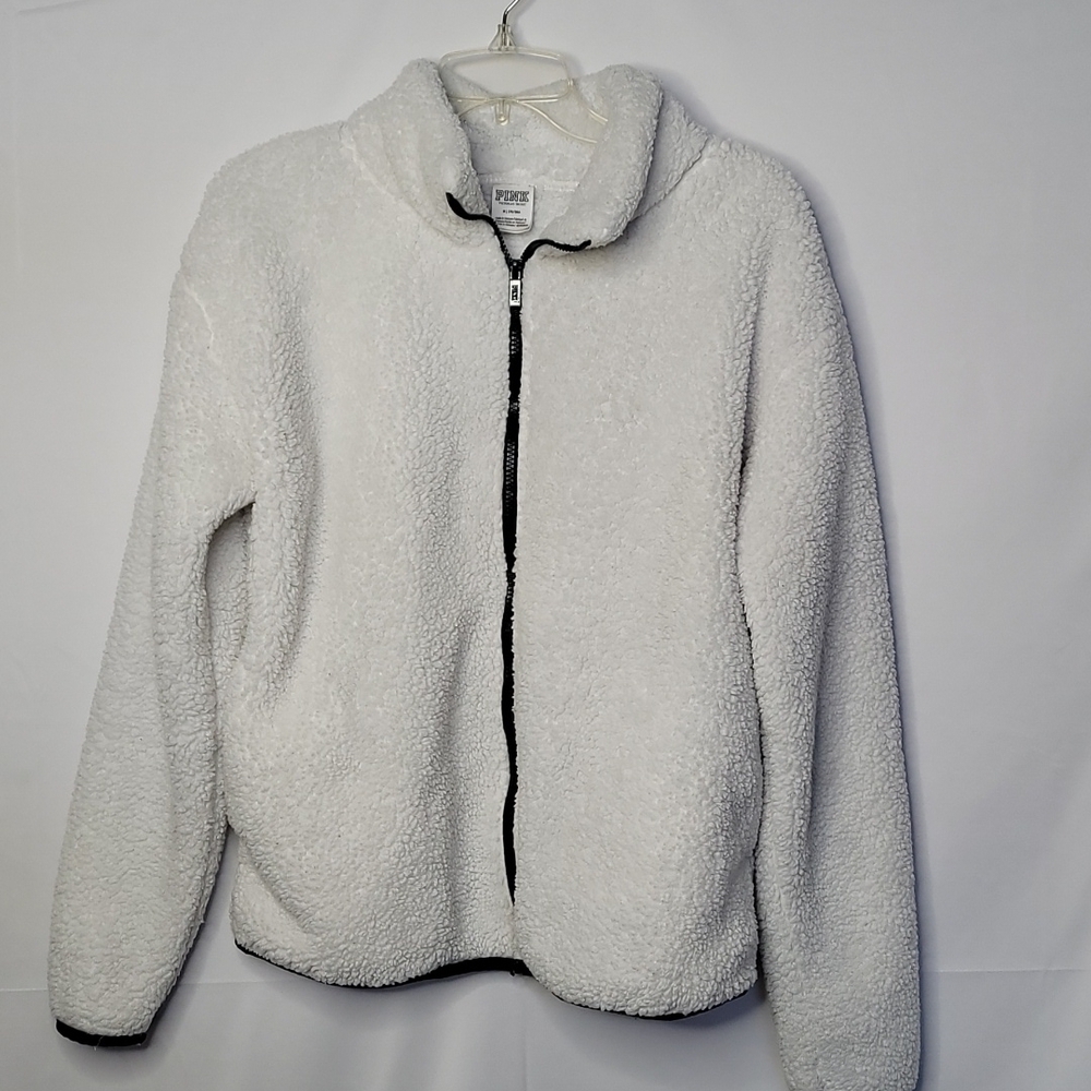 Victoria Secret Pink Limited Edition white teddy zip up no hood jacket sz Medium
